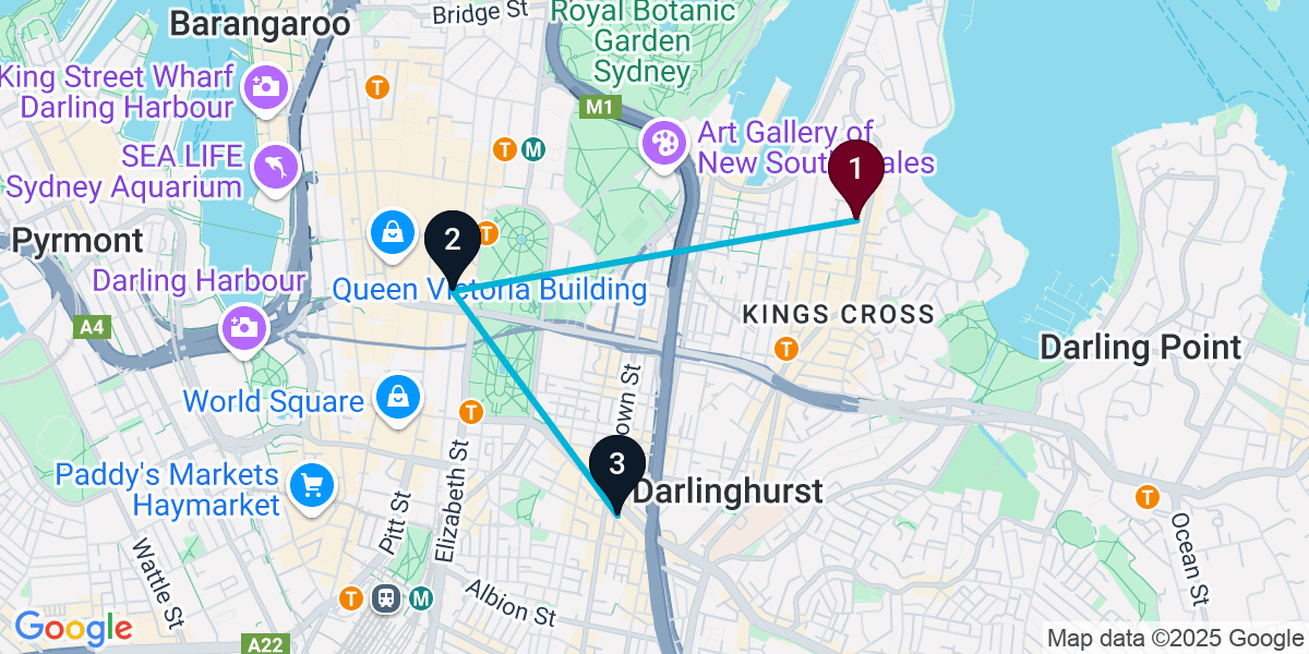 Map for 3-Stop Potts Point Hotel bar Bar Crawl