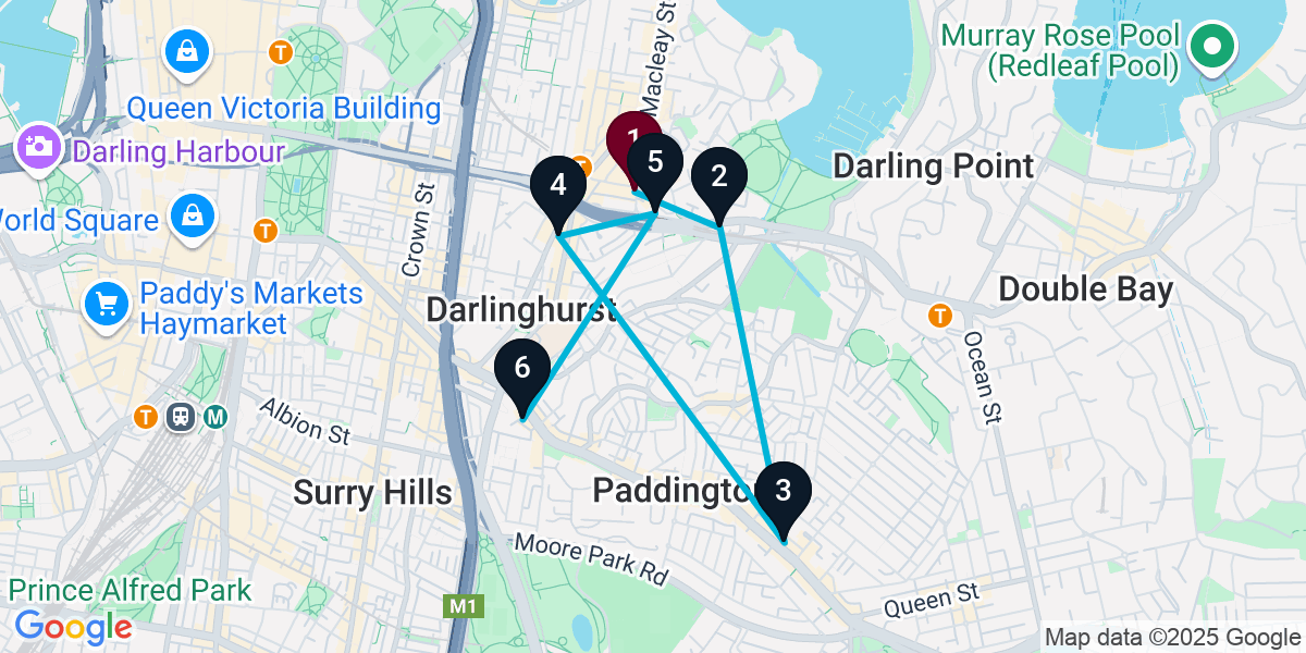 Map for 6-Stop Potts Point Wine bar Bar Crawl