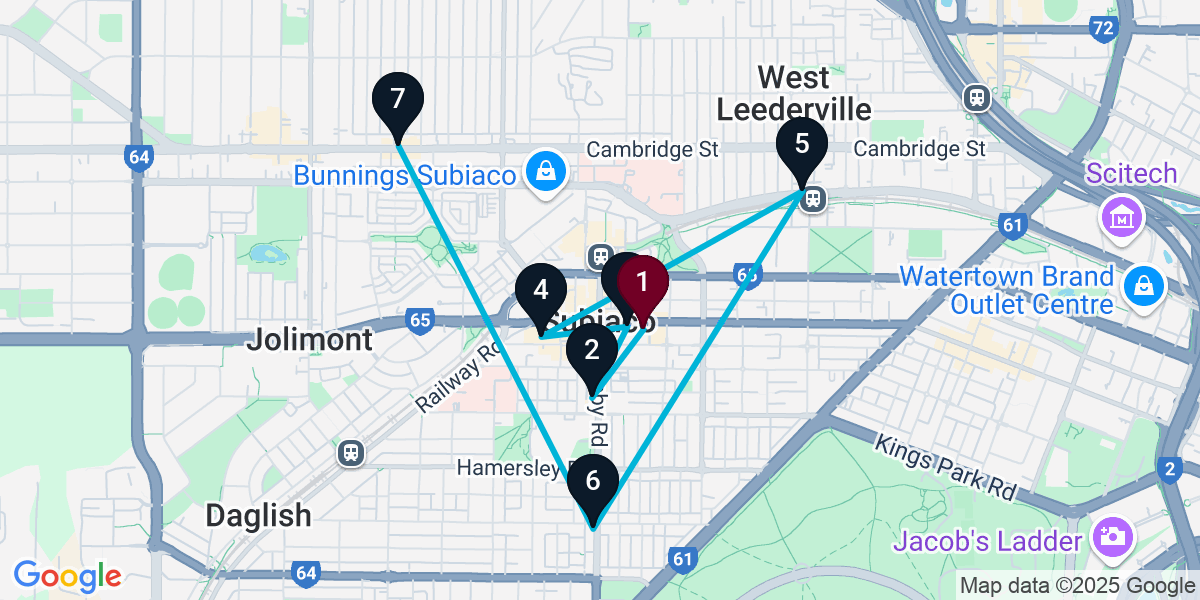 Map for 7-Stop Subiaco Bar Crawl
