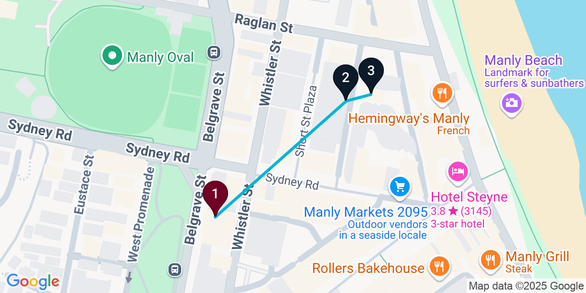 Map for 3-Stop Manly Bar Crawl