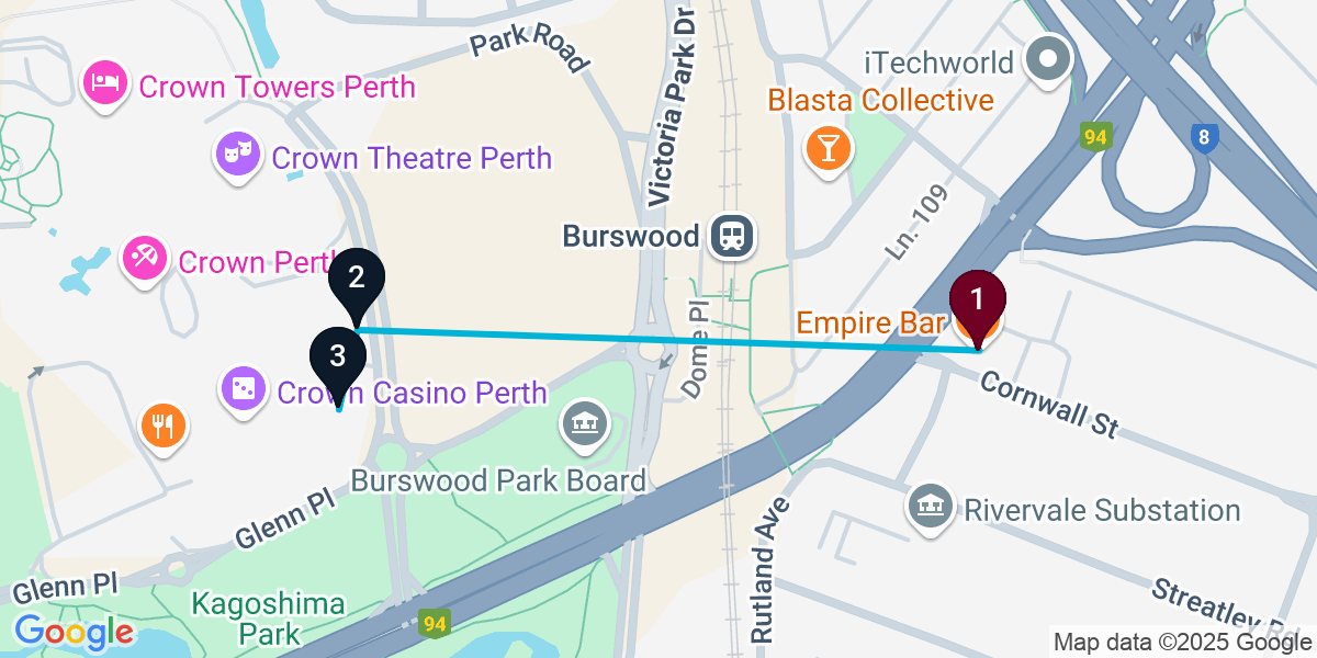 Map for 3-Stop Lathlain Nightclub Bar Crawl