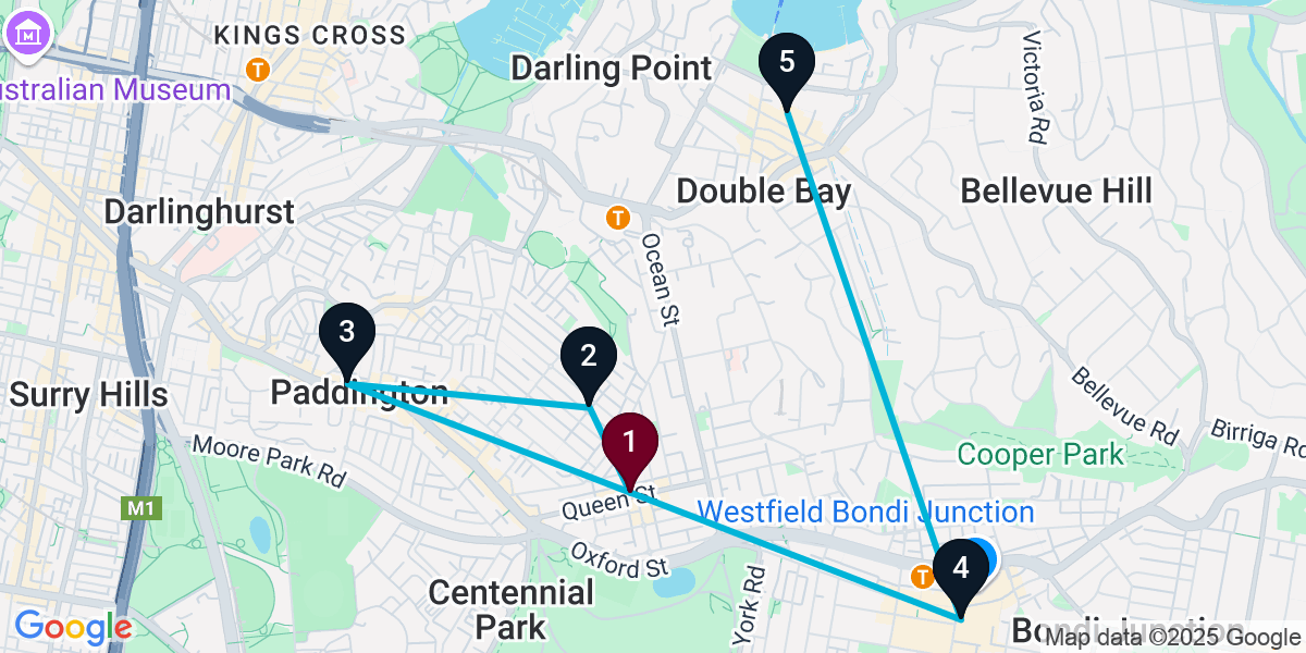 Map for 5-Stop Woollahra Live music Bar Crawl