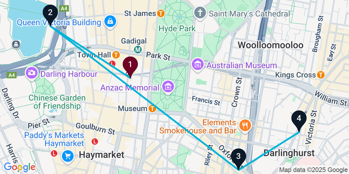 Map for 4-Stop Sydney Rooftop Bar Crawl
