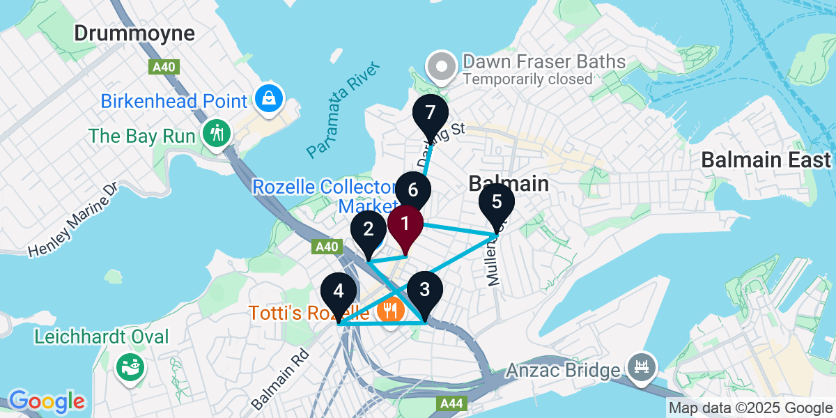 Map for 7-Stop Rozelle Live music Bar Crawl