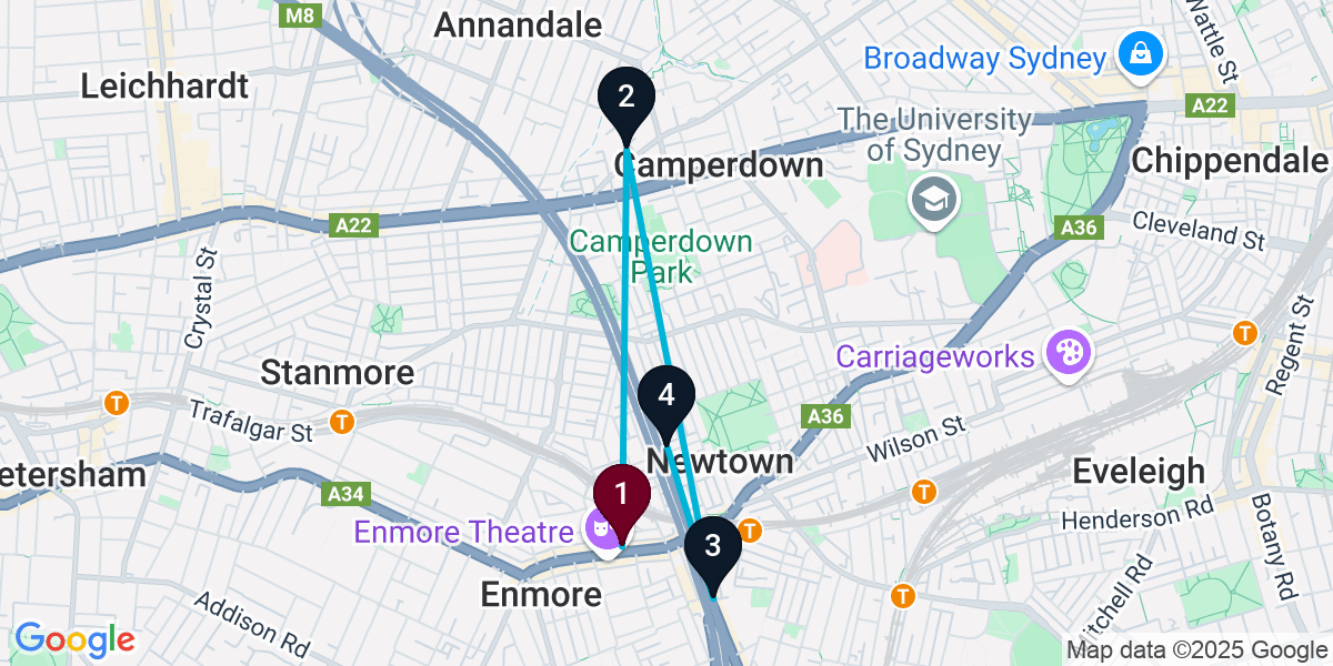 Map for 4-Stop Newtown Speakeasy Bar Crawl