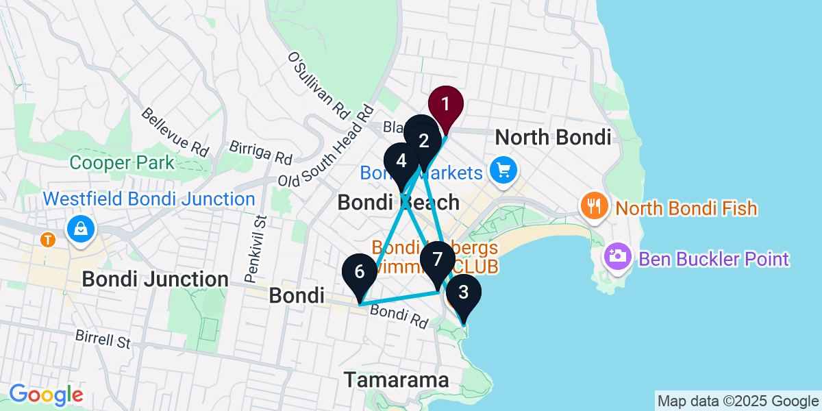 Map for 7-Stop Bondi Beach Cocktail Bar Crawl
