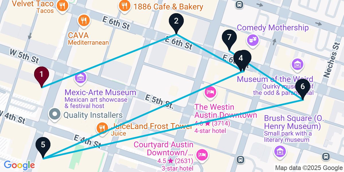 Map for 7-Stop Austin Live music Bar Crawl
