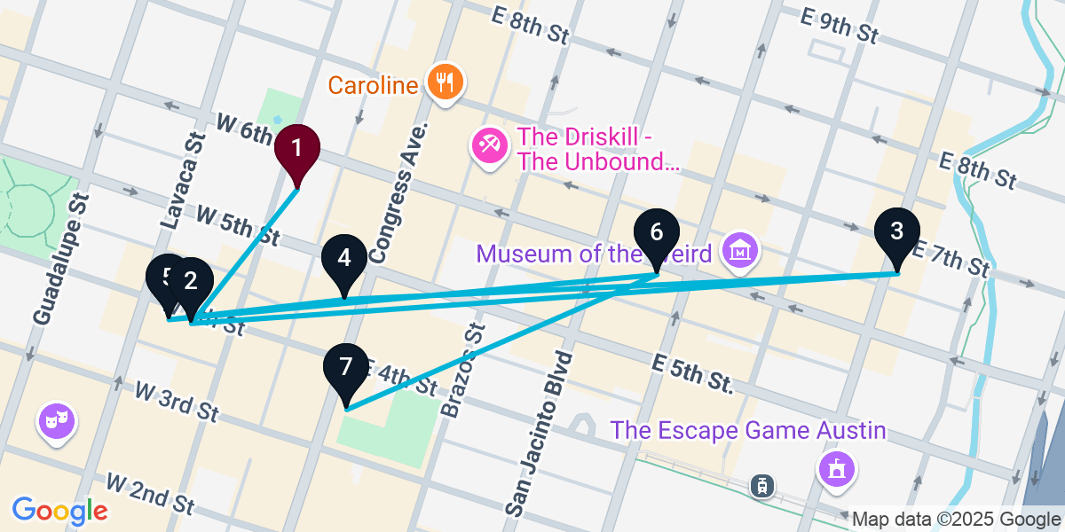 Map for 7-Stop Austin Nightclub Bar Crawl