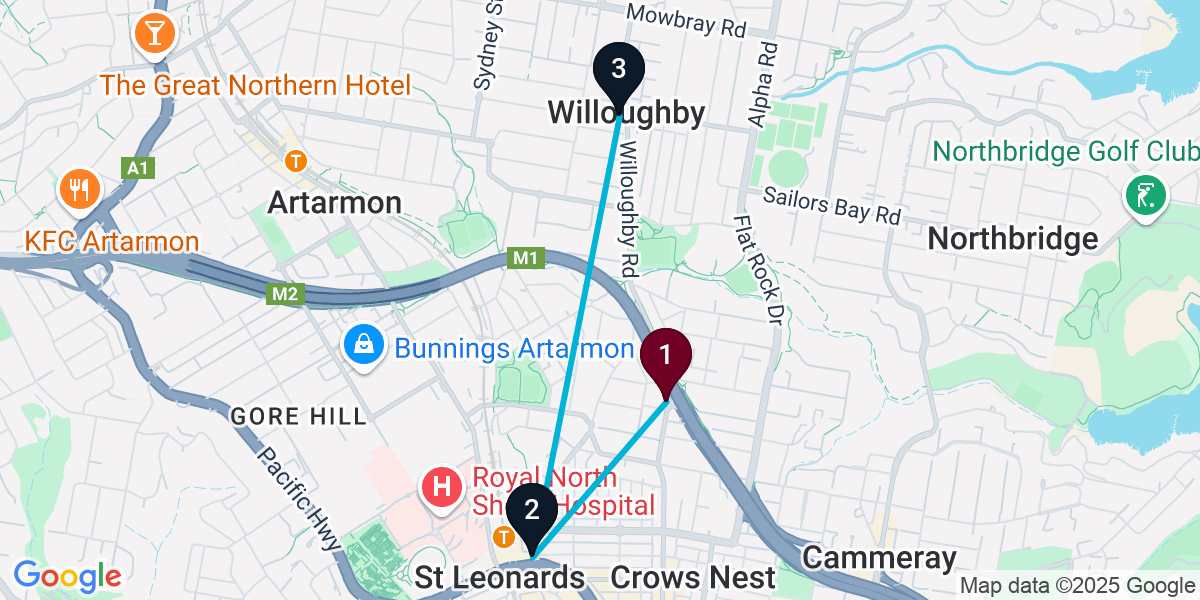 Map for 3-Stop Naremburn Dive bar Bar Crawl