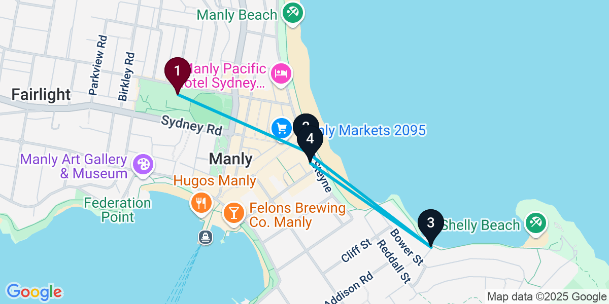 Map for 4-Stop Manly Beach bar Bar Crawl