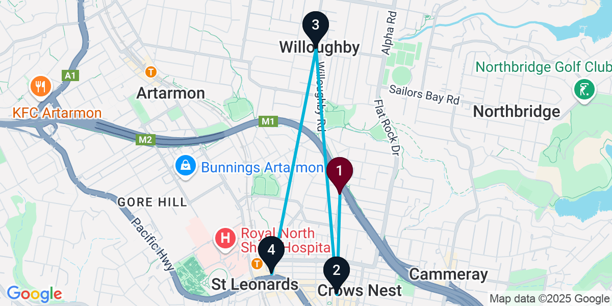 Map for 4-Stop Naremburn Cocktail Bar Crawl