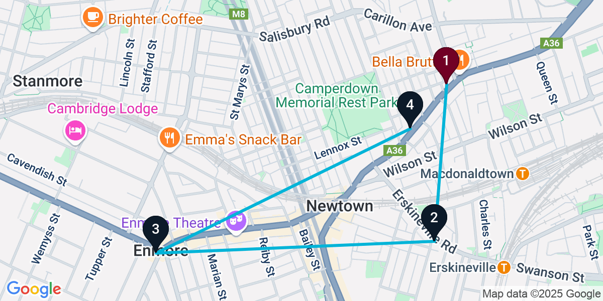 Map for 4-Stop Newtown Rooftop Bar Crawl