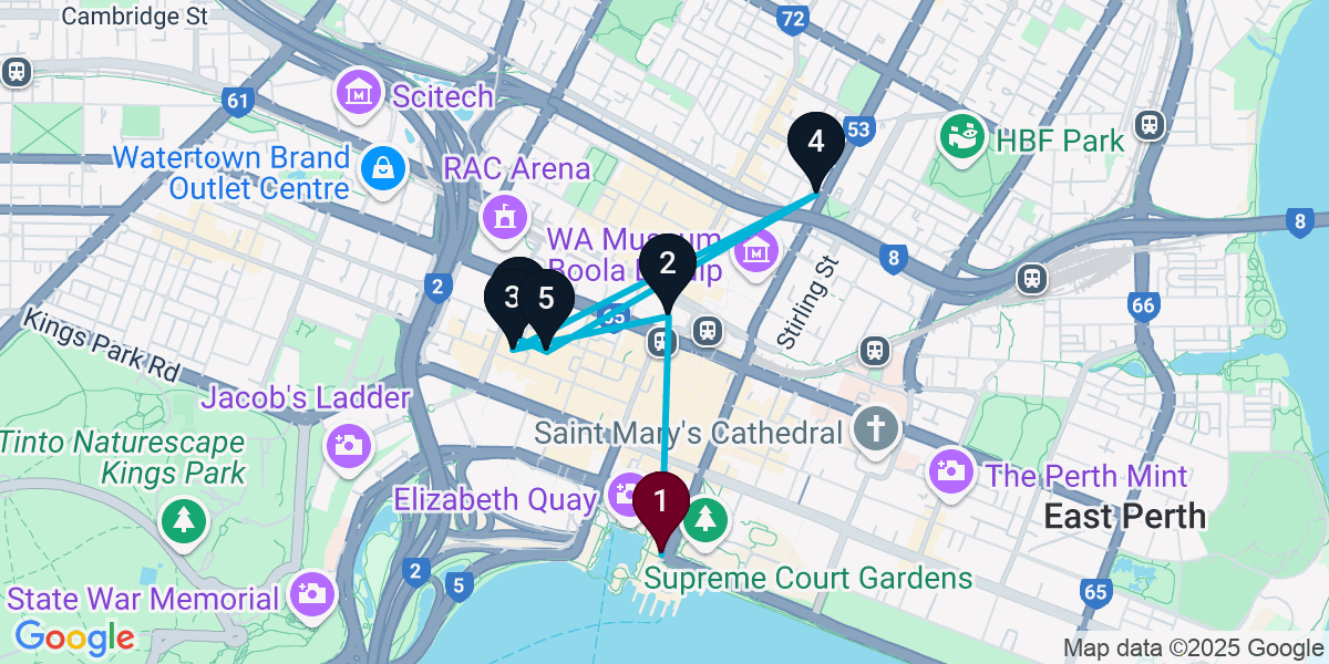 Map for 6-Stop Perth Bar Crawl