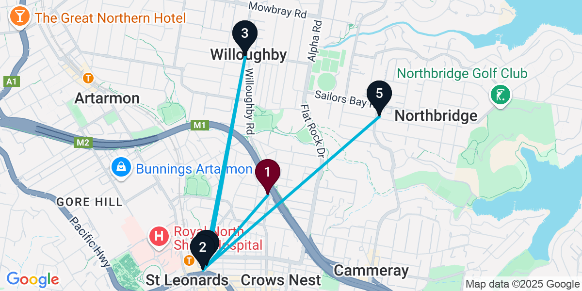 Map for 5-Stop Naremburn Pub Bar Crawl