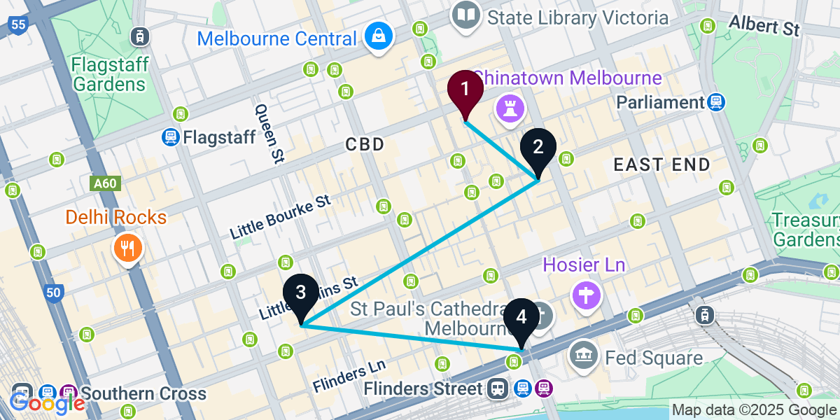 Map for 4-Stop Melbourne Pub Crawl