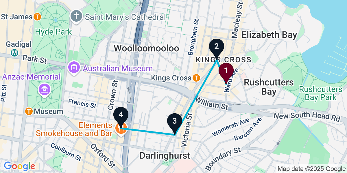 Map for 4-Stop Potts Point Rooftop Bar Crawl