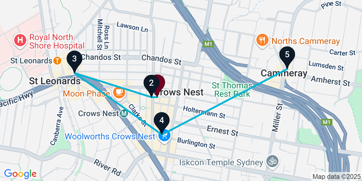 Map for 5-Stop Crows Nest Bar Crawl