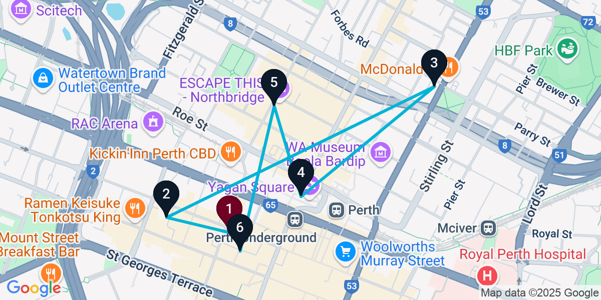 Map for 6-Stop Perth Cocktail Bar Crawl