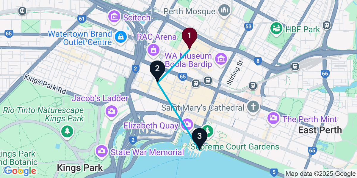Map for 3-Stop Northbridge Rooftop Bar Crawl
