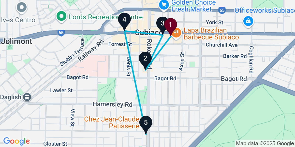 Map for 5-Stop Subiaco Bar Crawl