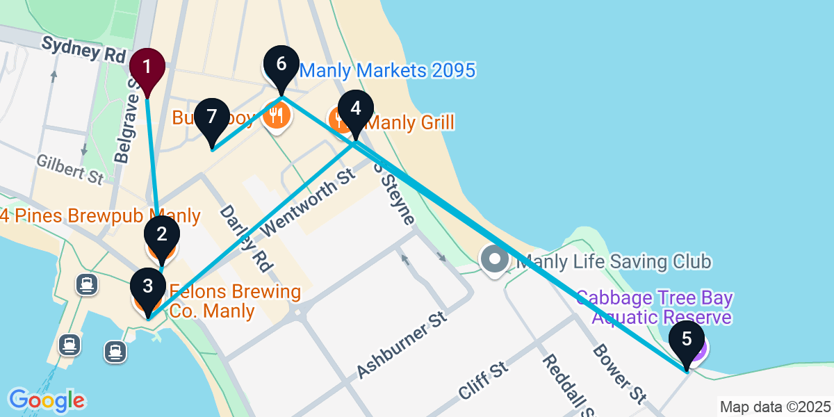 Map for 7-Stop Manly Pub Bar Crawl