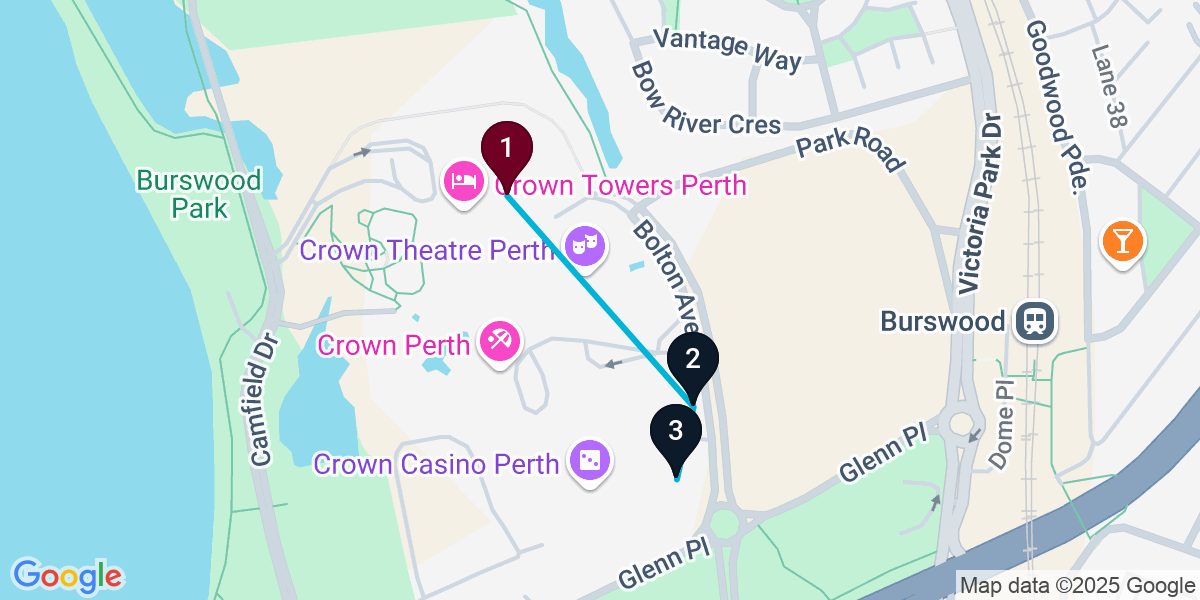 Map for 3-Stop Burswood Nightclub Bar Crawl