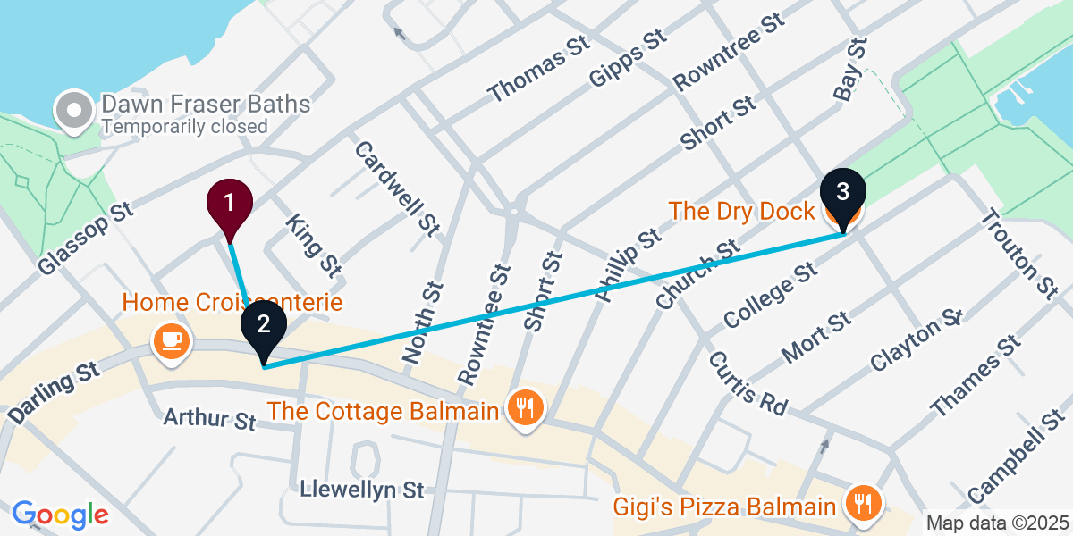 Map for 3-Stop Balmain Cocktail Bar Crawl