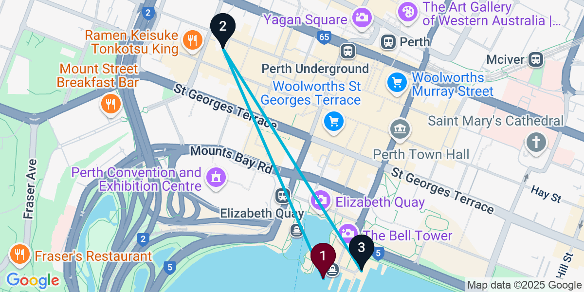 Map for 3-Stop Perth Rooftop Bar Crawl