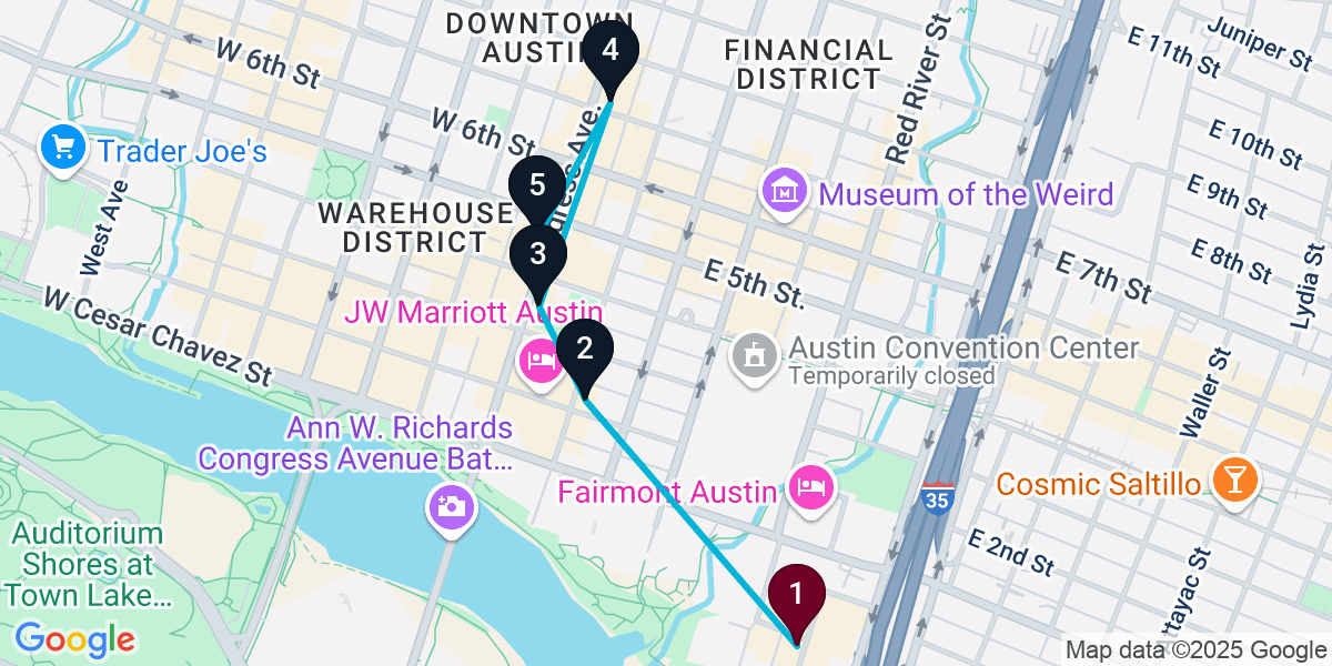 Map for 5-Stop Austin Cocktail Bar Crawl