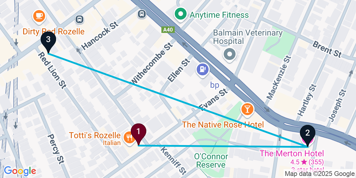 Map for 3-Stop Rozelle Pub Bar Crawl