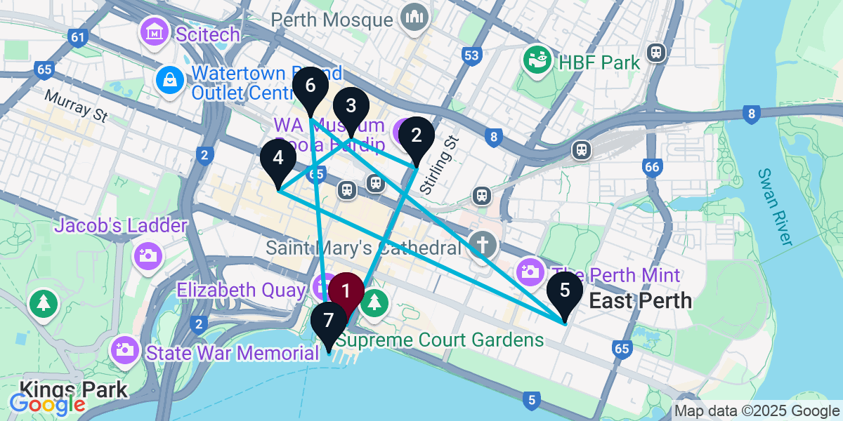 Map for 7-Stop Perth Nightclub Bar Crawl