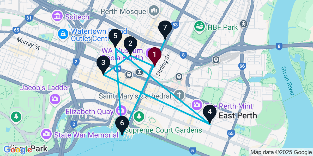 Map for 7-Stop Perth Nightclub Bar Crawl