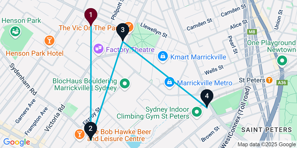 Map for 4-Stop Marrickville Brewery Bar Crawl