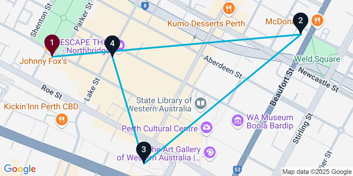 Map for 4-Stop Northbridge Cocktail Bar Crawl