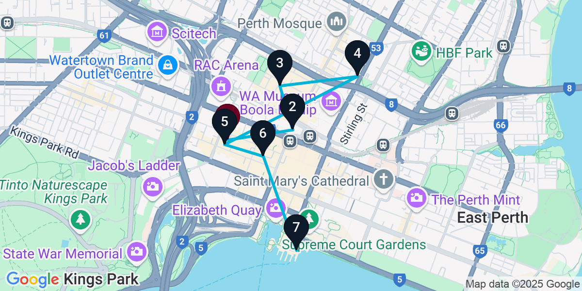 Map for 7-Stop Perth Cocktail Bar Crawl