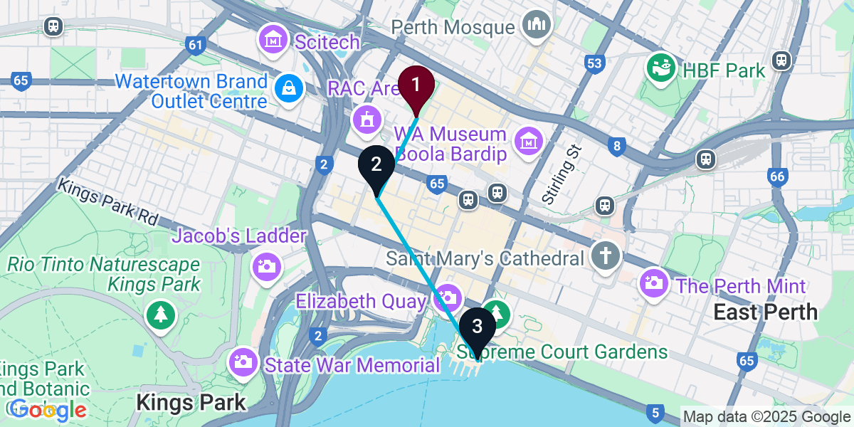 Map for 3-Stop Northbridge Rooftop Bar Crawl