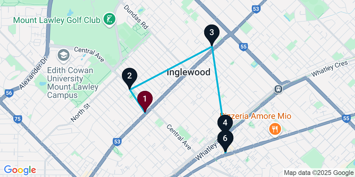 Map for 6-Stop Perth Bar Crawl