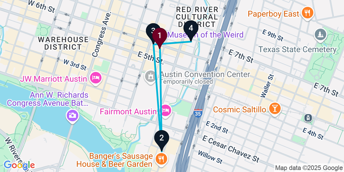 Map for 4-Stop Austin Cocktail Bar Crawl