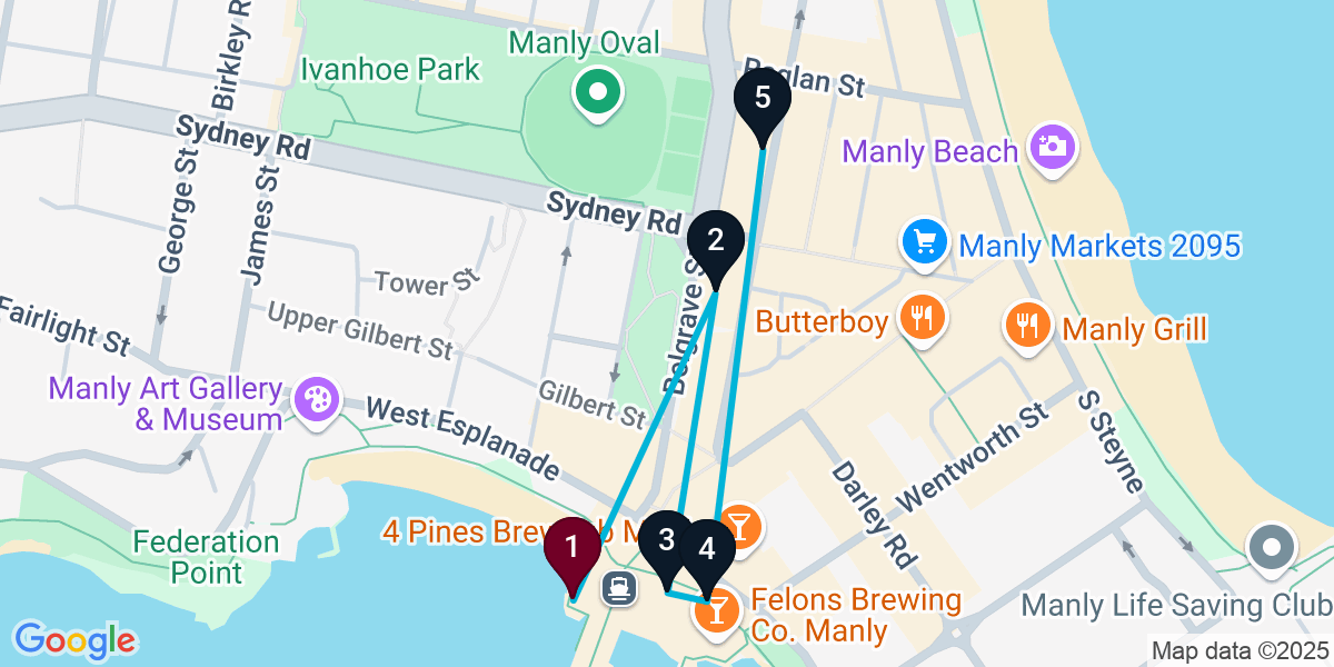Map for 5-Stop Manly Cocktail Bar Crawl