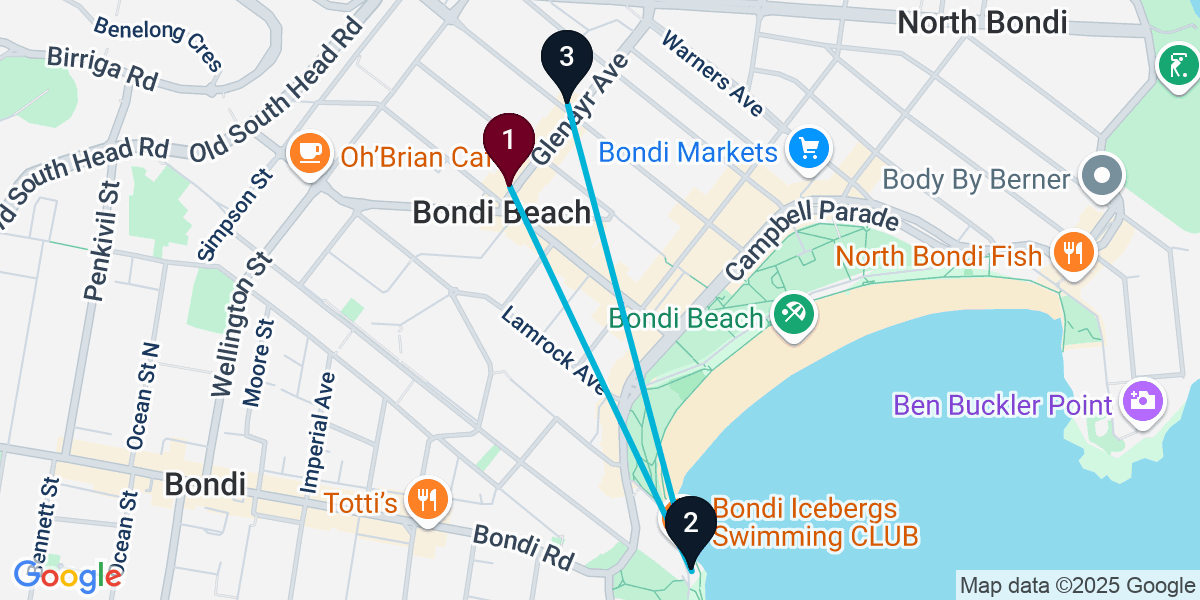 Map for 3-Stop Bondi Beach Bar Crawl