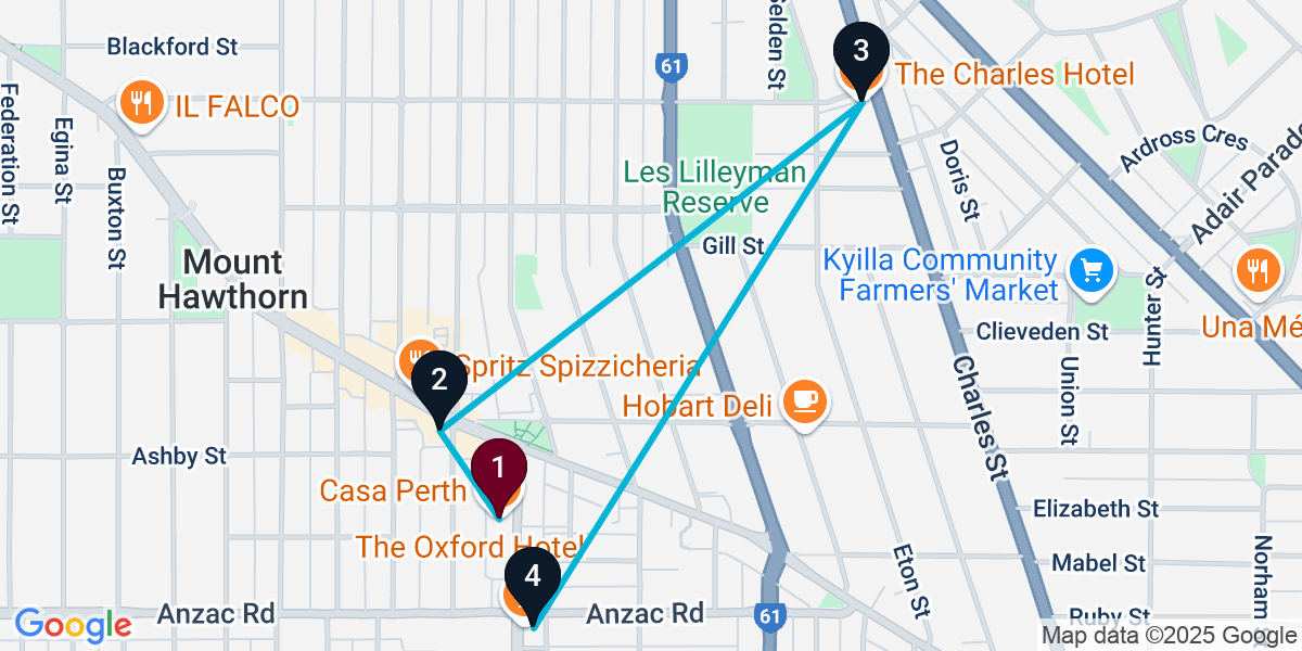 Map for 4-Stop Mount Hawthorn Pub Bar Crawl