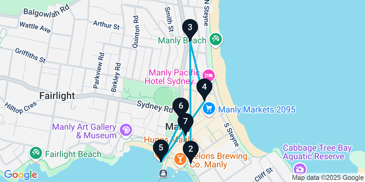 Map for 7-Stop Manly Bar Crawl