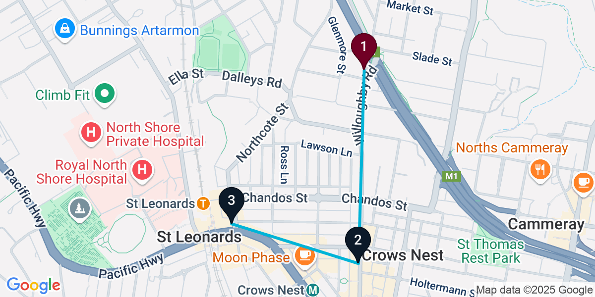 Map for 3-Stop Naremburn Bar Crawl