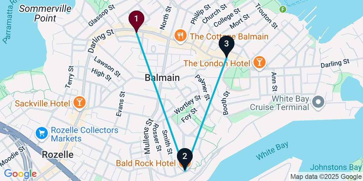 Map for 3-Stop Balmain Pub Bar Crawl