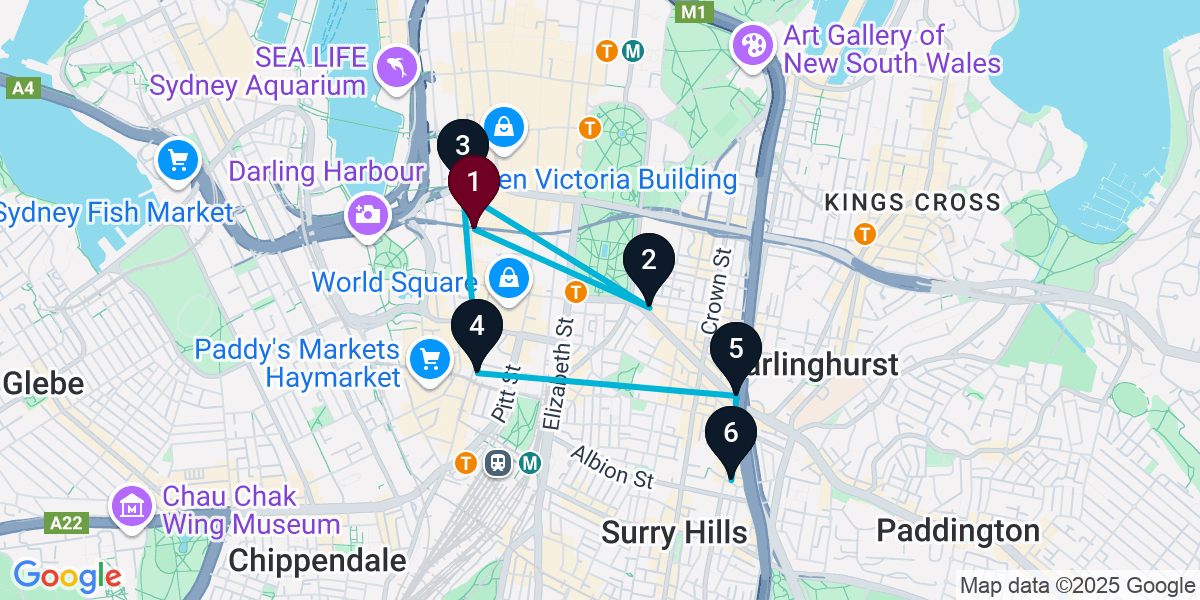 Map for 6-Stop Sydney Nightclub Bar Crawl