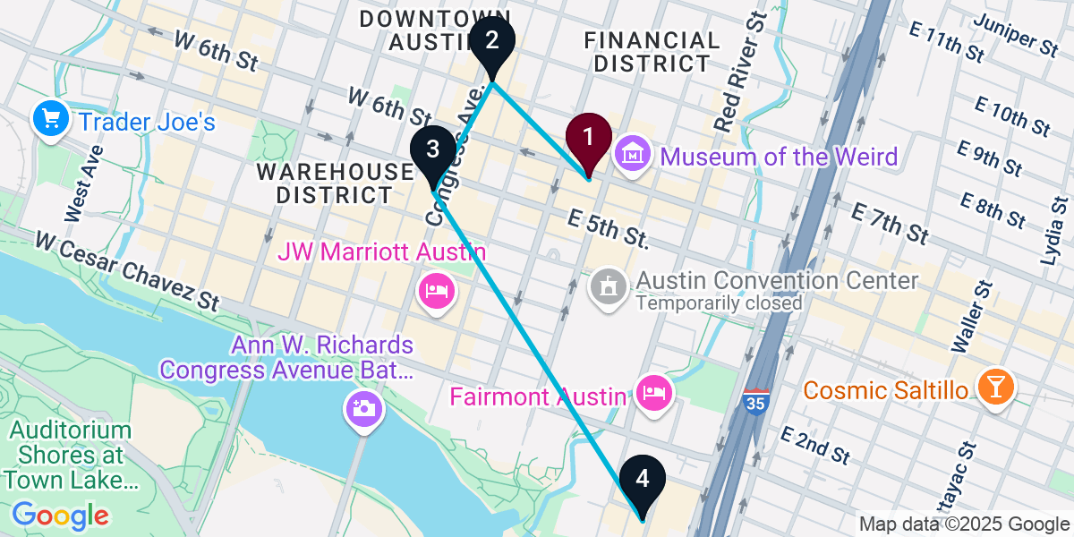 Map for 4-Stop Austin Rooftop Bar Crawl