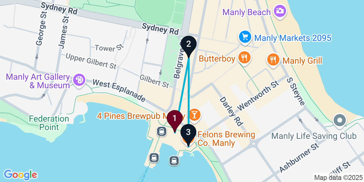 Map for 3-Stop Manly Nightclub Bar Crawl