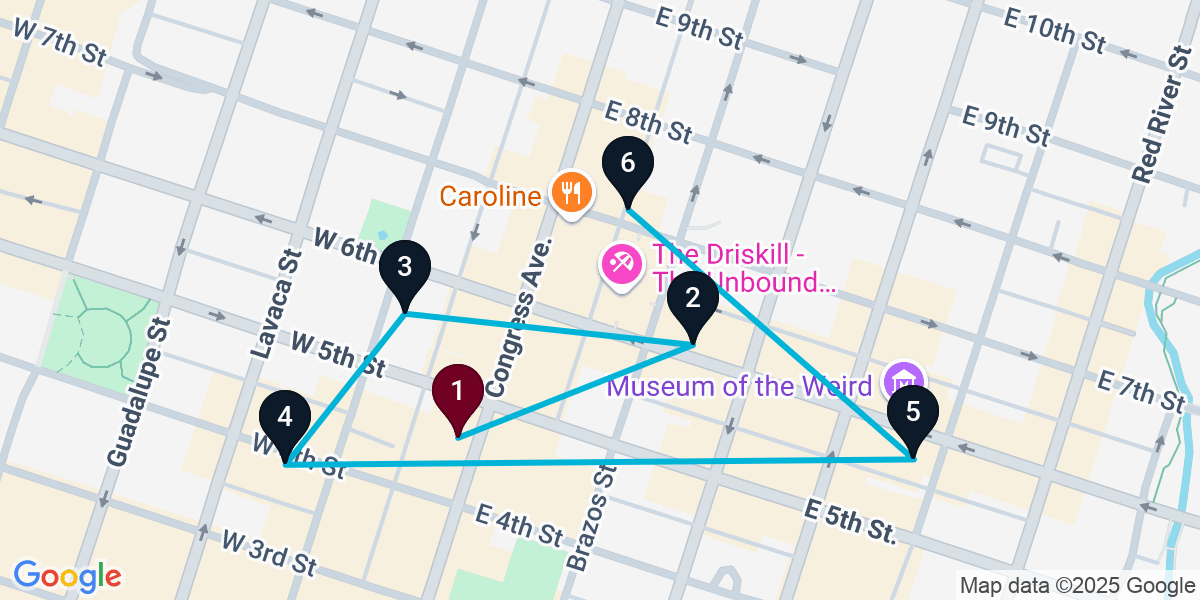 Map for 6-Stop Austin Bar Crawl