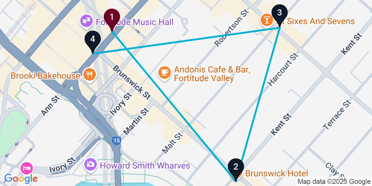 Map for 4-Stop Fortitude Valley Pub Crawl