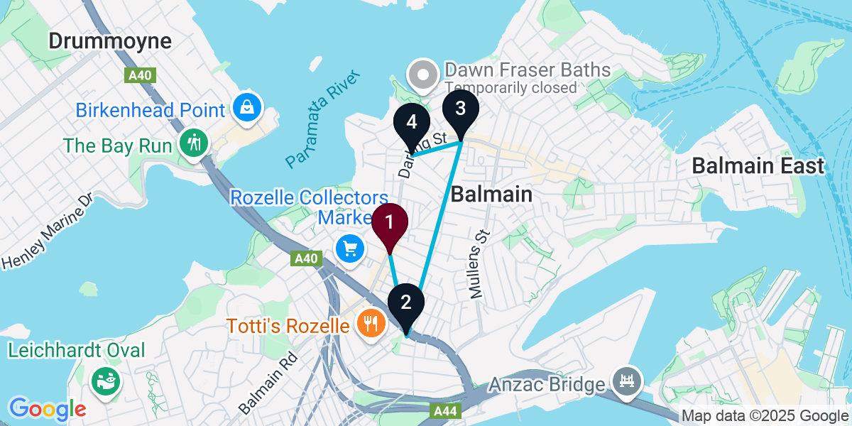 Map for 4-Stop Rozelle Cocktail Bar Crawl